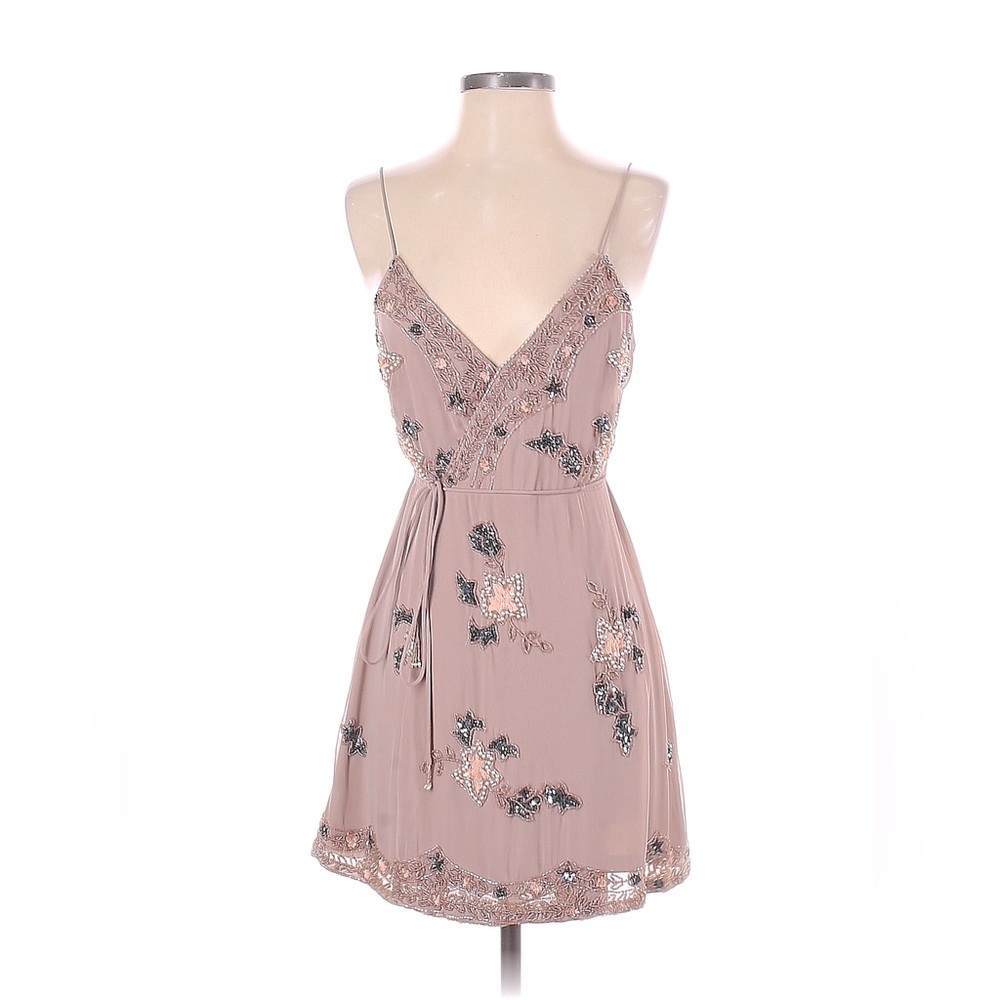Raga Pink Mauve V-Neck Glass Beaded and Sequin Chiffon Midi Dress Size Small